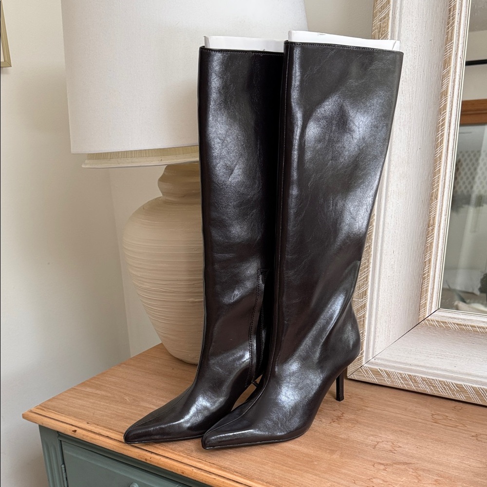 Zara Women's Brown Leather Knee-High Pointed Toe Boots